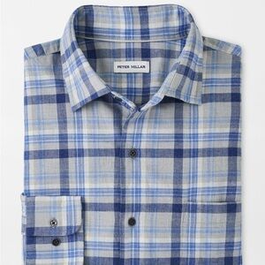 Peter Millar Sherbrooke British Grey Light and Dark Blue Plaid Shirt $160 NWT XL